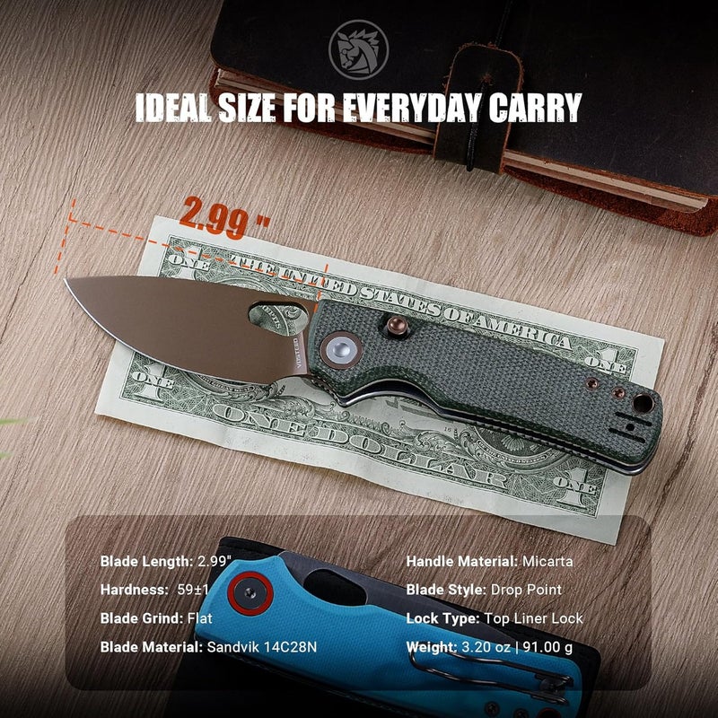 Vosteed Porcupine EDC Pocket Knife - 2.99" 14C28N Copper Dune Blade - Top Liner Lock, Green Micarta Handle - Camping, Hiking Knives - A2609 - Image 2